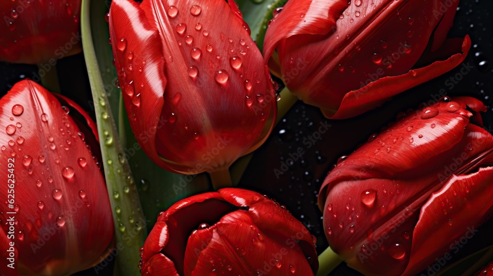 Red Tulips flowers with water drops background. Closeup of blossom with glistening droplets. Generat