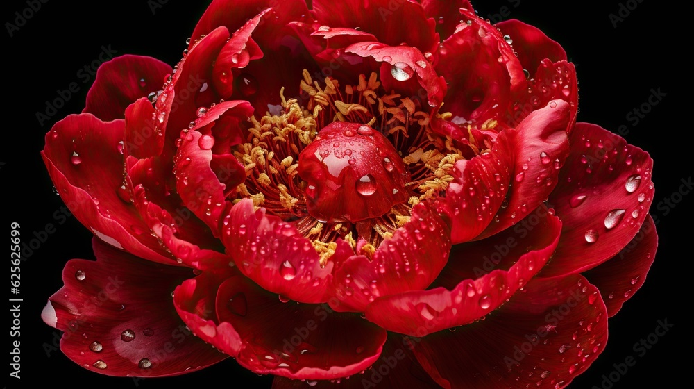 Red Peony flowers with water drops background. Closeup of blossom with glistening droplets. Generati