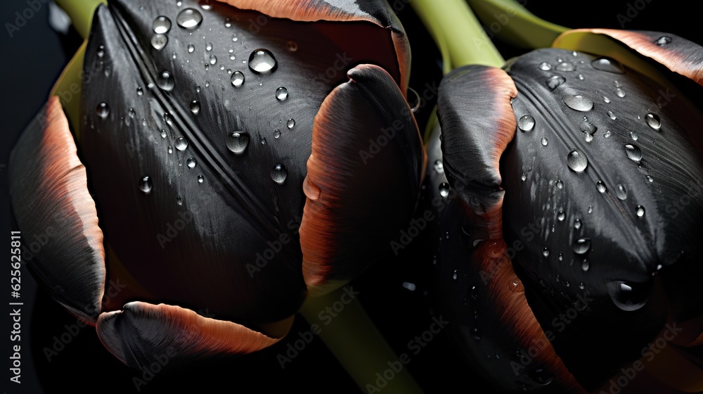 Black Tulips flowers with water drops background. Closeup of blossom with glistening droplets. Gener