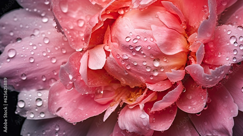 Pink Peony flowers with water drops background. Closeup of blossom with glistening droplets. Generat