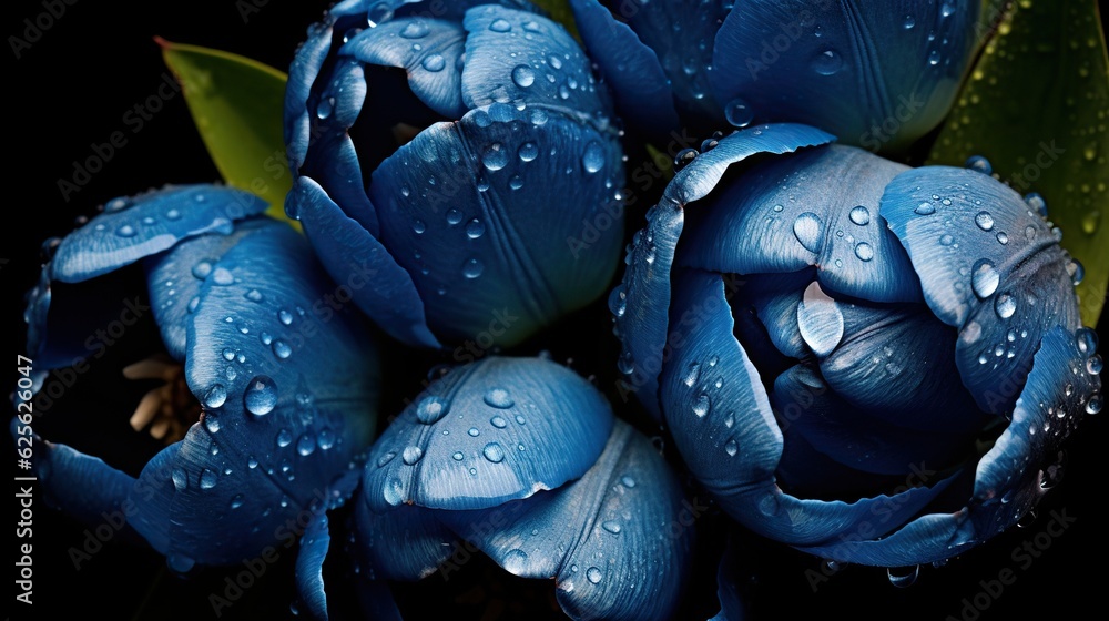 Blue Tulips flowers with water drops background. Closeup of blossom with glistening droplets. Genera