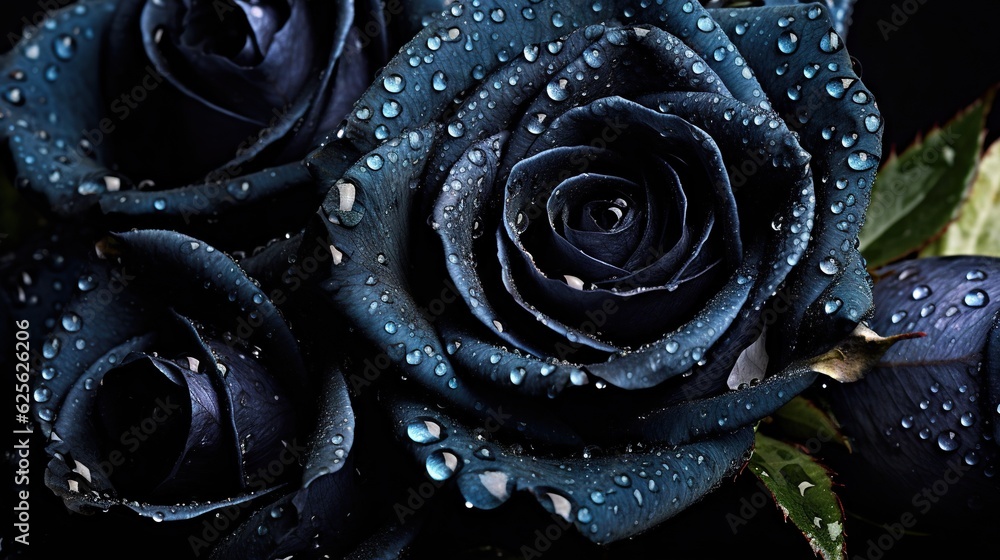 Black Roses flowers with water drops background. Closeup of blossom with glistening droplets. Genera