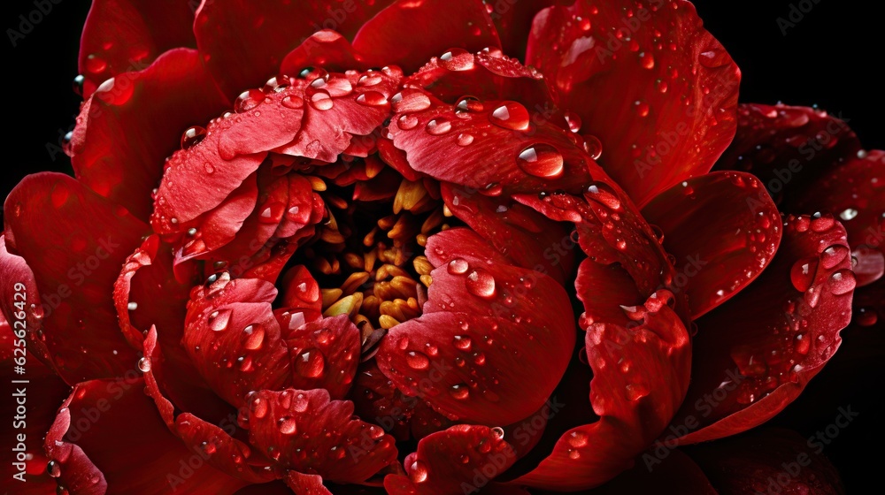 Red Peony flowers with water drops background. Closeup of blossom with glistening droplets. Generati