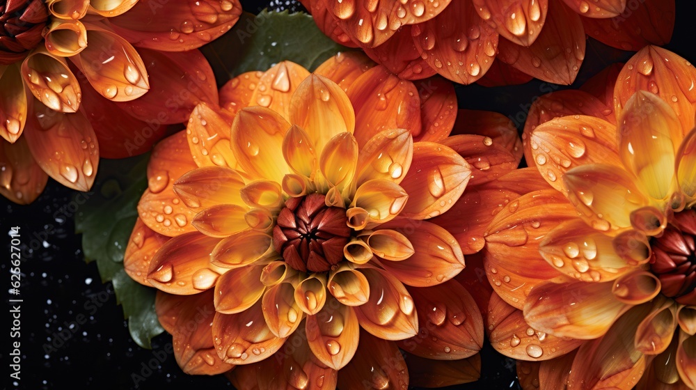 Orange Dahlia flowers with water drops background. Closeup of delicate blossom with glistening dropl