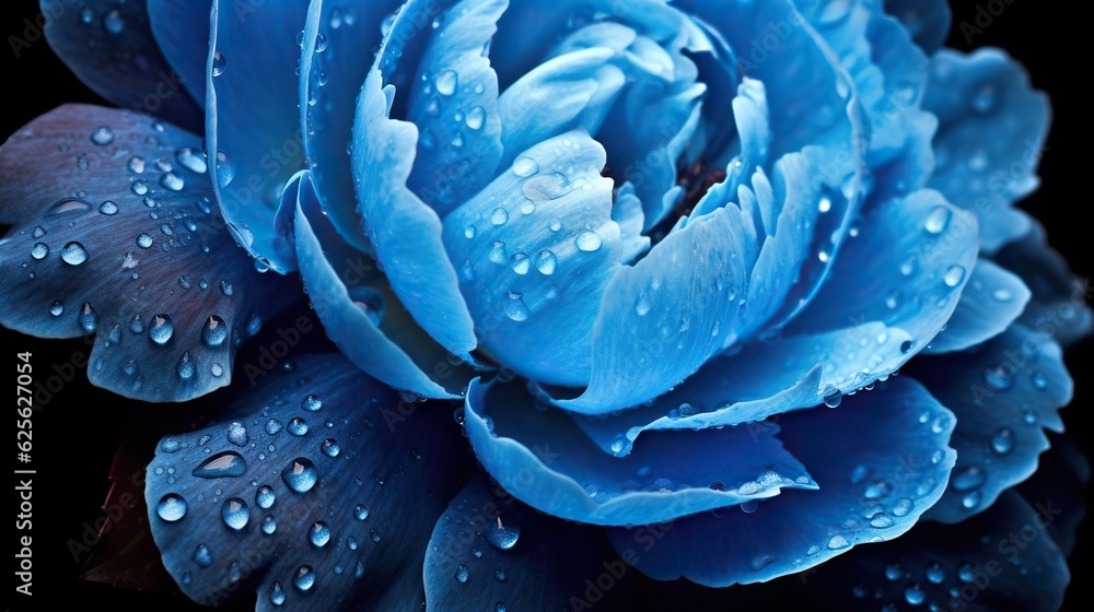 Blue Peony flowers with water drops background. Closeup of blossom with glistening droplets. Generat