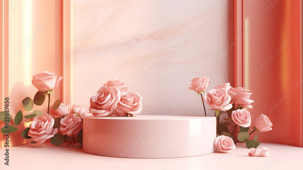 Podium with pink roses on pastel pink background to display products, gift or cosmetics. Generative 