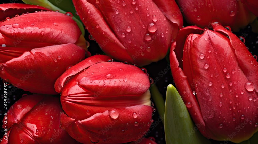 Red Tulips flowers with water drops background. Closeup of blossom with glistening droplets. Generat