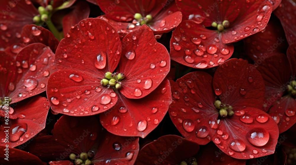 Red Hydrangeas flowers with water drops background. Closeup of blossom with glistening droplets. Gen