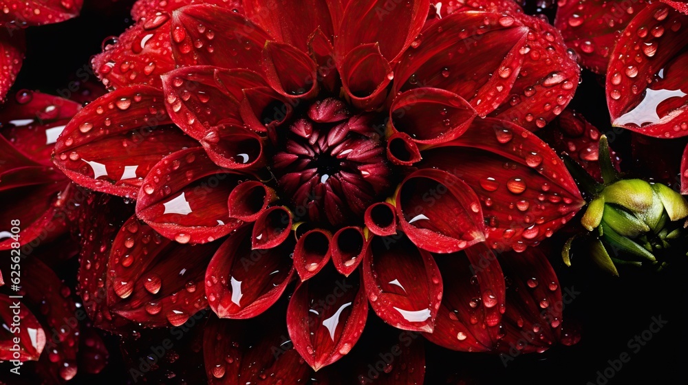 Red Dahlia flowers with water drops background. Closeup of delicate blossom with glistening droplets