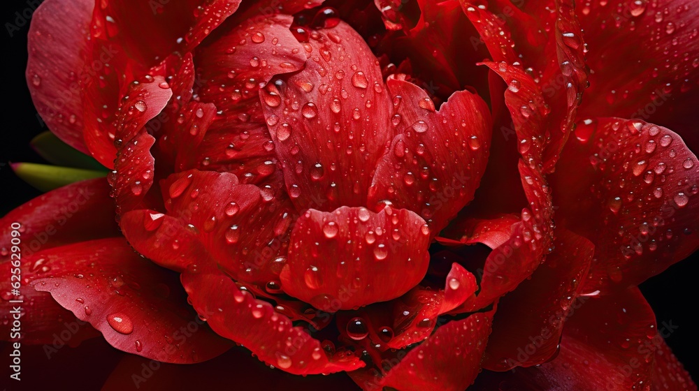 Red Peony flowers with water drops background. Closeup of blossom with glistening droplets. Generati