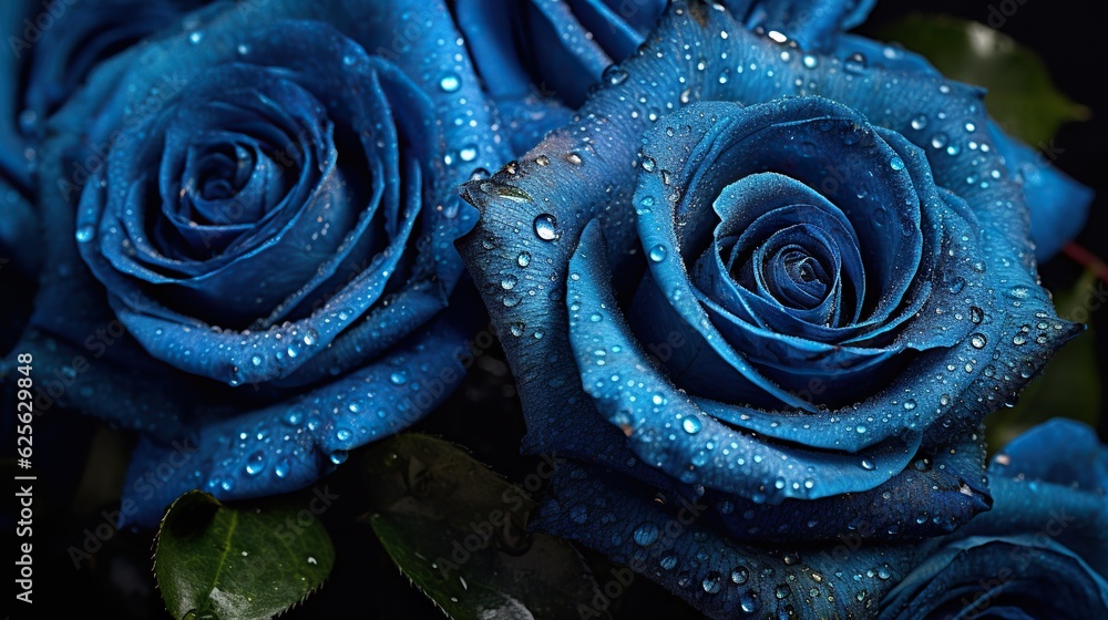 Blue Roses flowers with water drops background. Closeup of blossom with glistening droplets. Generat