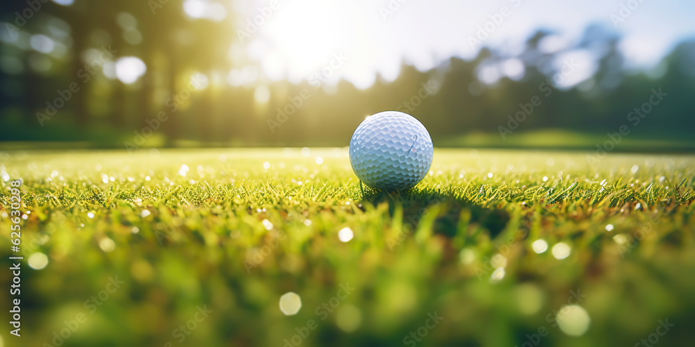 Close-up of golf ball on green grass of golf course, sunny day, blurred backdrop. Generative AI