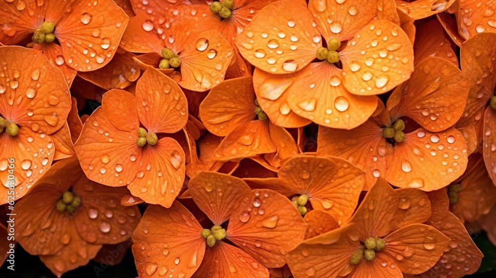 Orange Hydrangeas flowers with water drops background. Closeup of blossom with glistening droplets. 