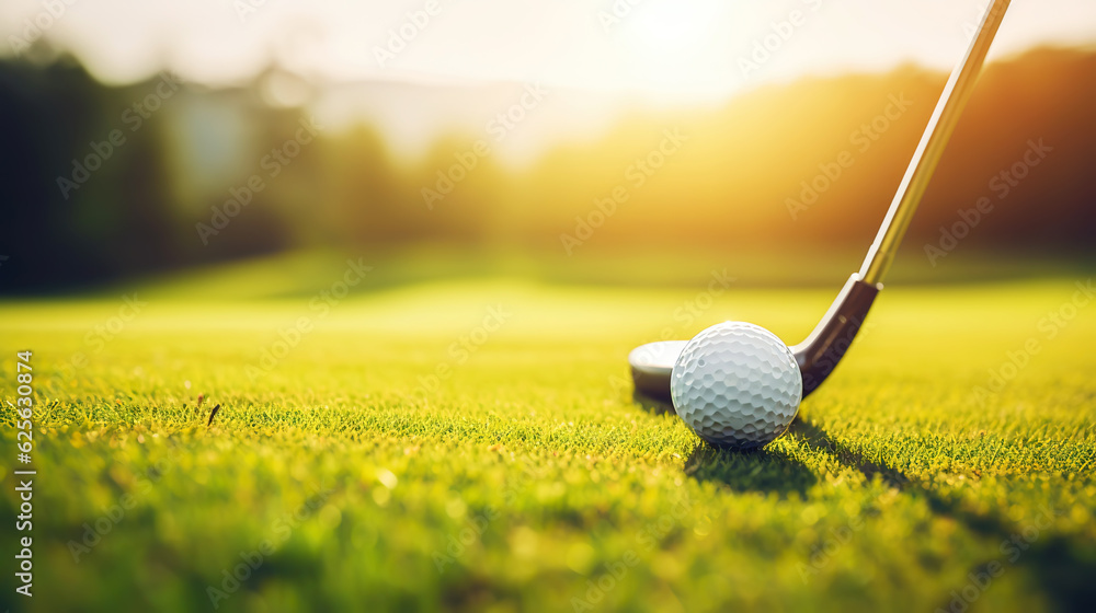 Golf club and golf ball on green grass background. Blurred backdrop. Outdoor sport on a sunny day. G