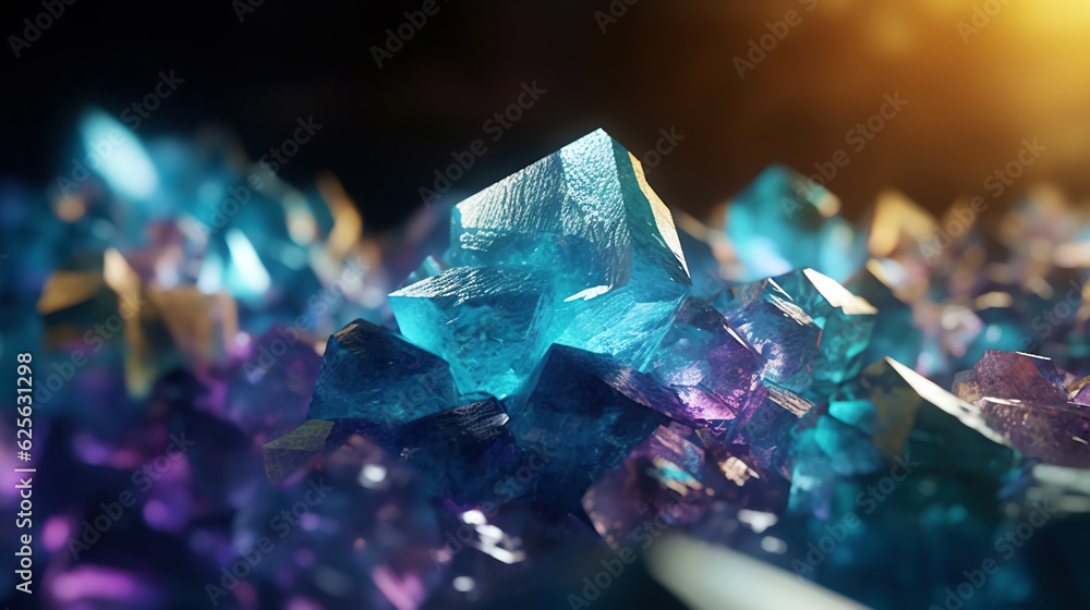 Amazing bright and shiny Fluorite crystal cluster background. Jewel mineral detailed macro. Generati