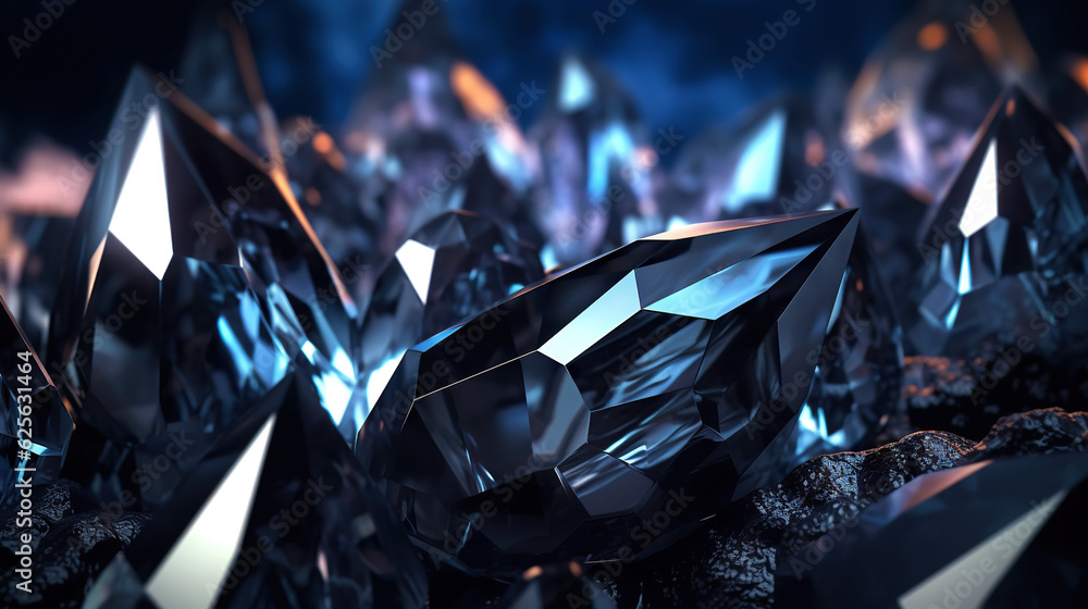 Amazing bright and shiny Obsidian crystal cluster background. Jewel mineral detailed macro. Generati