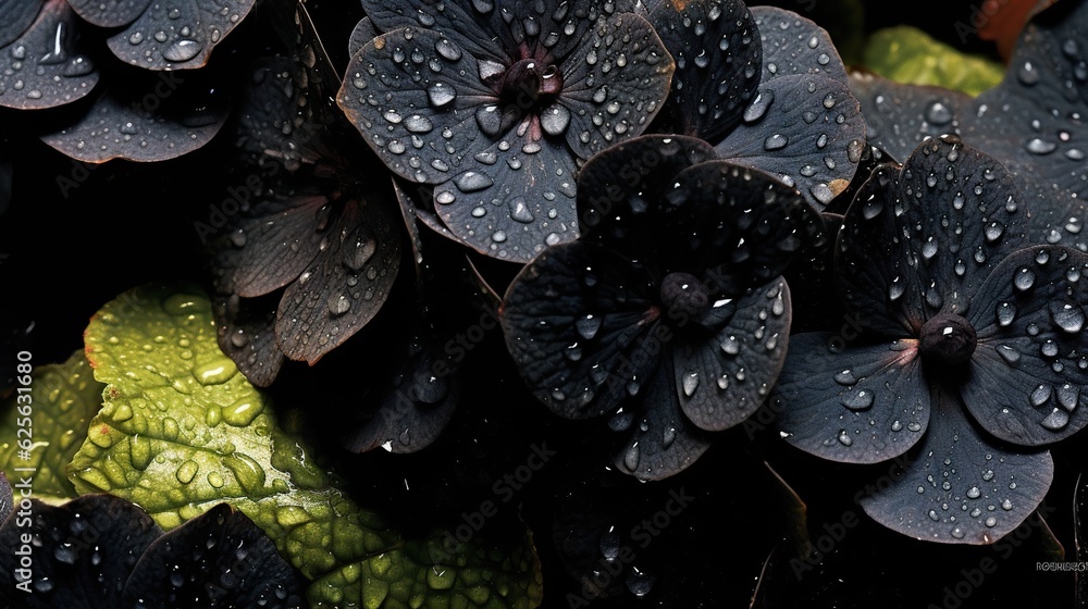 Black Hydrangeas flowers with water drops background. Closeup of blossom with glistening droplets. G