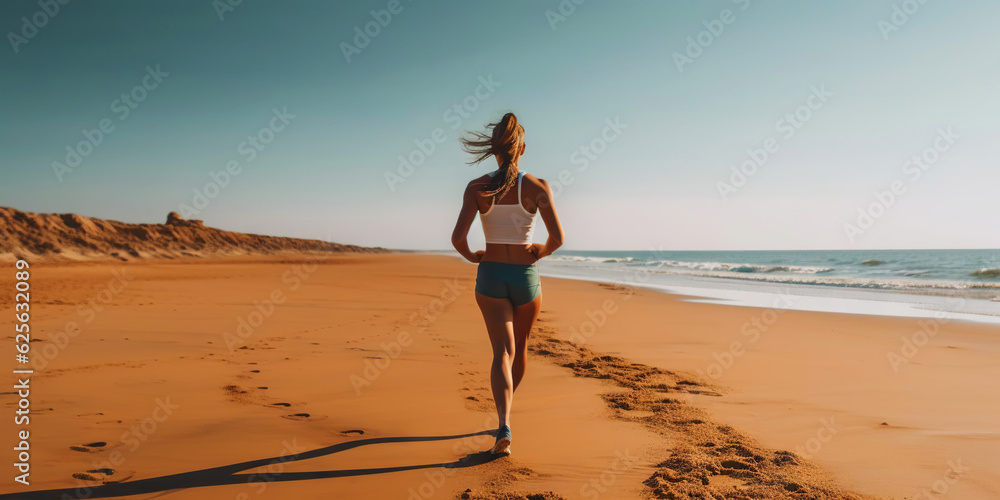 Athletic woman running on the beach. Female runner. Generative AI