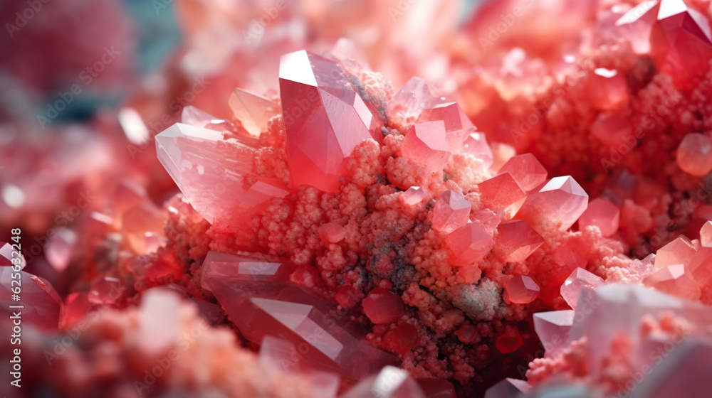 Amazing bright and shiny Rhodochrosit crystal cluster background. Jewel mineral detailed macro. Gene