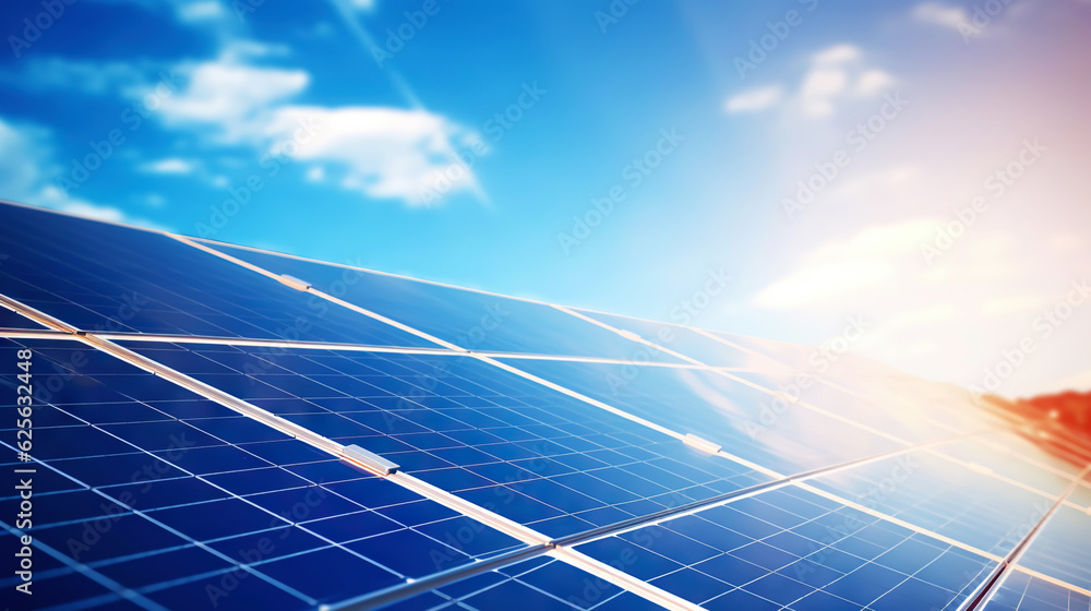 Closeup of Solar panels against blue sky with clouds. Solar energy generation. Renewable energetics.