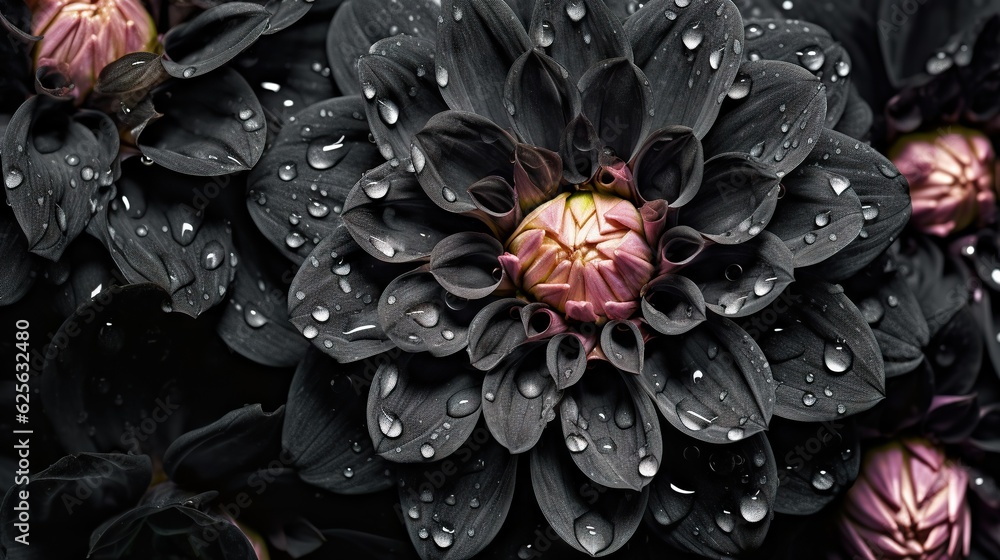 Black Dahlia flowers with water drops background. Closeup of delicate blossom with glistening drople