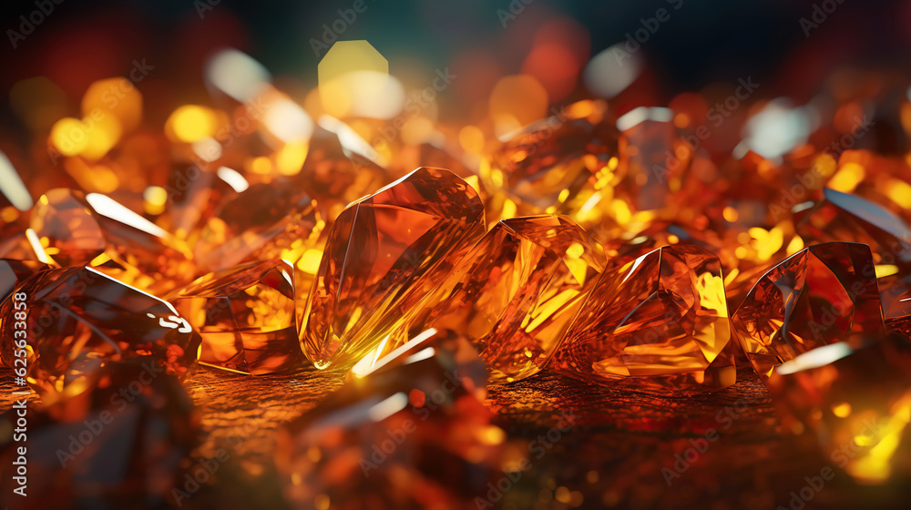 Amazing bright and shiny Amber crystal cluster background. Jewel mineral detailed macro. Generative 