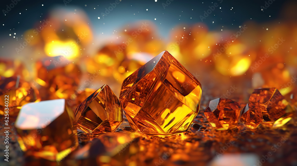 Amazing bright and shiny Amber crystal cluster background. Jewel mineral detailed macro. Generative 