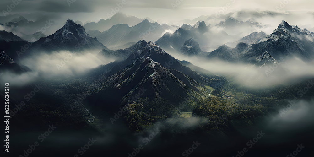 Dramatic snow-capped mountains landscape. Clouds and fog covers stone slopes. Generative AI