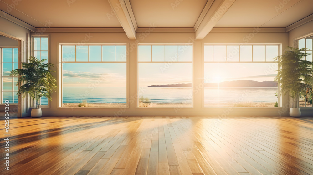 Empty apartment room with wooden floor of beach house. Sea view from windows. Copy space. Generative