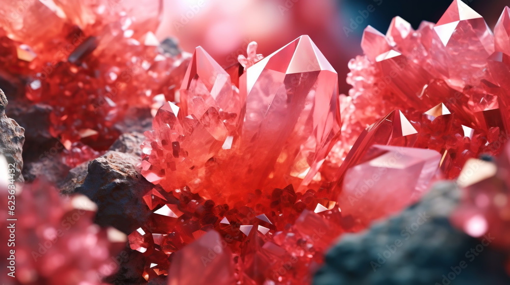 Amazing bright and shiny Rhodochrosit crystal cluster background. Jewel mineral detailed macro. Gene