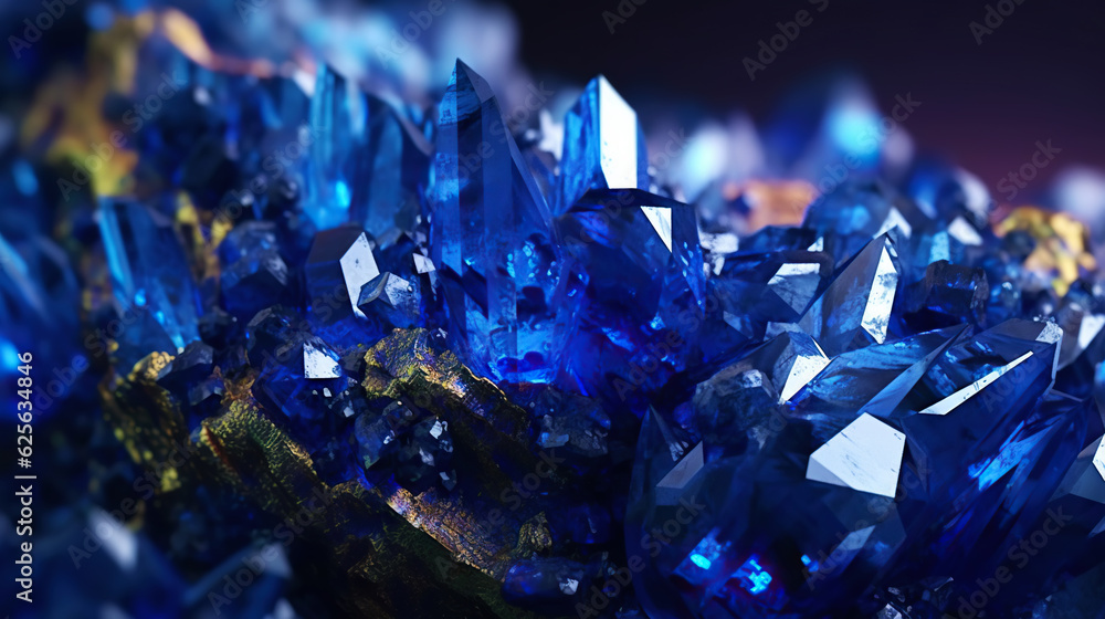 Amazing bright and shiny Azurite crystal cluster background. Jewel mineral detailed macro. Generativ