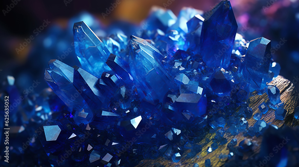 Amazing bright and shiny Azurite crystal cluster background. Jewel mineral detailed macro. Generativ