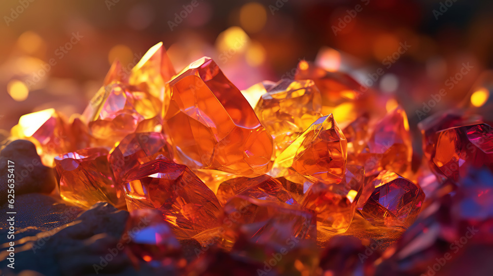 Amazing bright and shiny Sunset Fire Opal crystal cluster background. Jewel mineral detailed macro. 