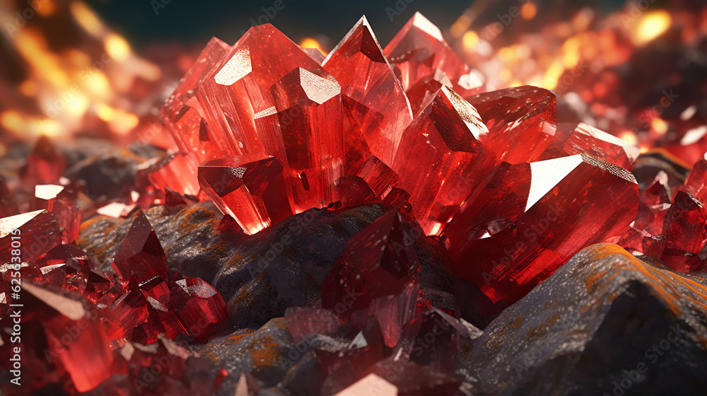 Amazing bright and shiny Realgar crystal cluster background. Jewel mineral detailed macro. Generativ