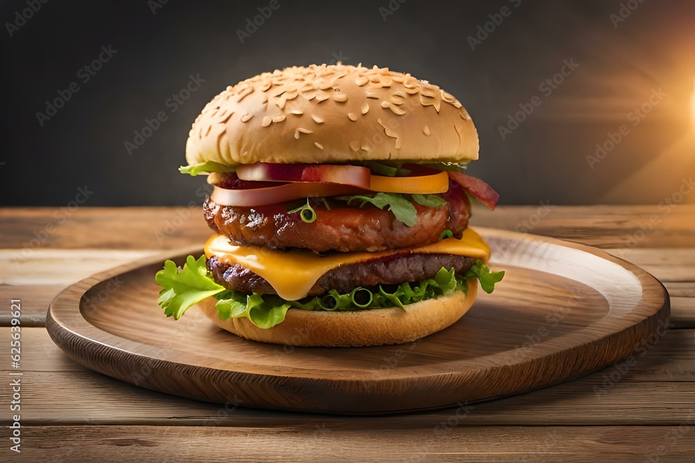 Delicious hamburger on wooden table stock photo Arugula, Bacon, Beef, Burger,