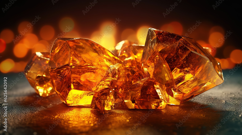 Amazing bright and shiny Amber crystal cluster background. Jewel mineral detailed macro. Generative 