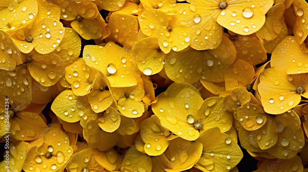 Yellow Hydrangeas flowers with water drops background. Closeup of blossom with glistening droplets. 