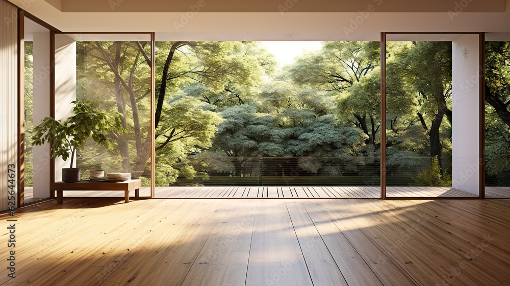 Empty room of modern contemporary loft with wooden floor and large windows to garden. Copy space. Ge