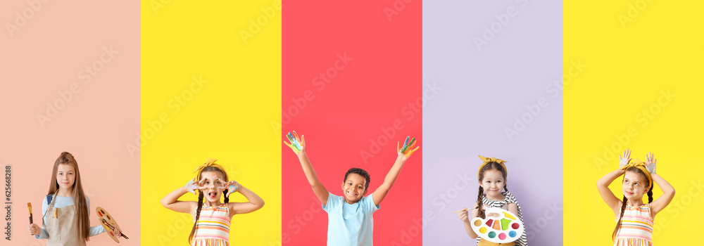 Collage of happy little children with palms in paints, brushes and palettes on color background