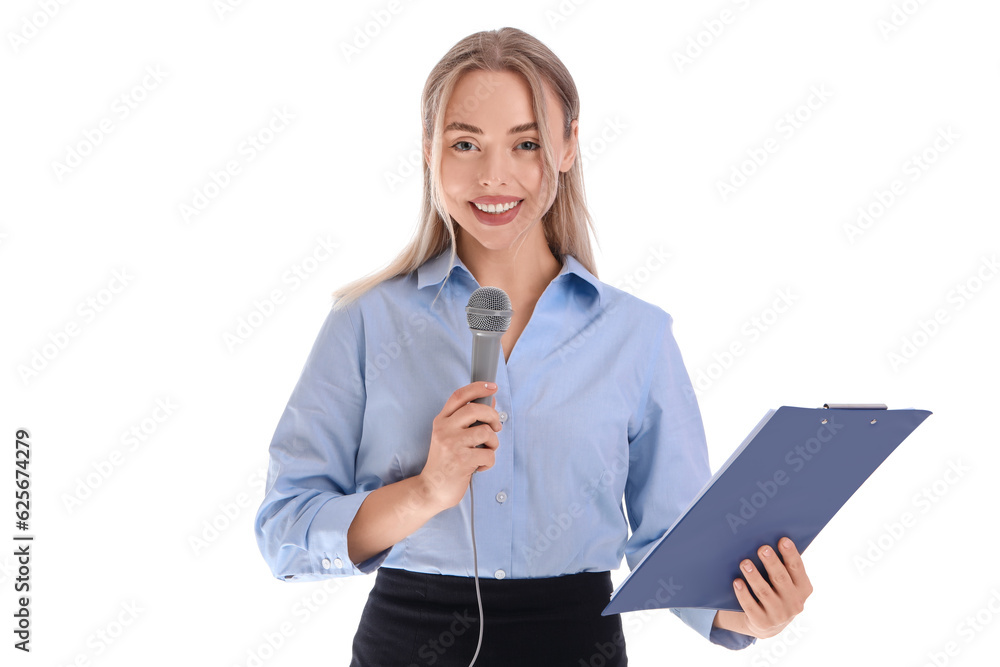 Female journalist with microphone and clipboard on white background