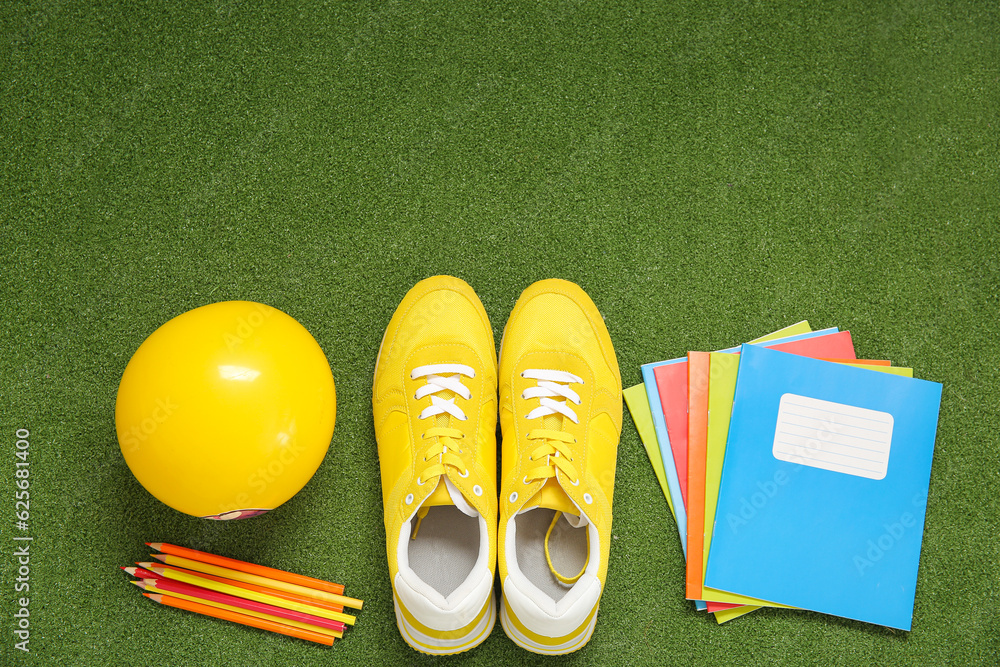 Sneakers with ball and stationery on color background