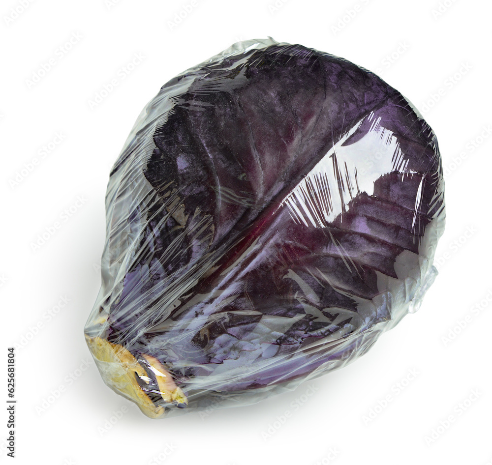 Fresh purple cabbage in plastic food wrap on white background