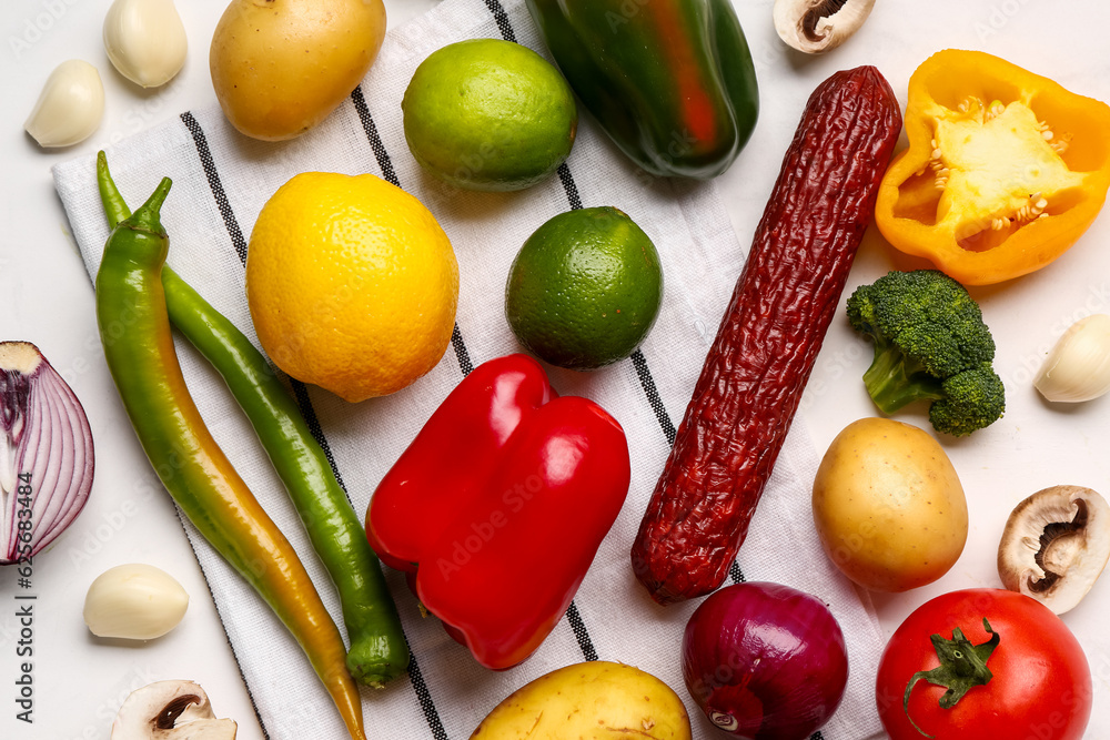 Different healthy products on grey background