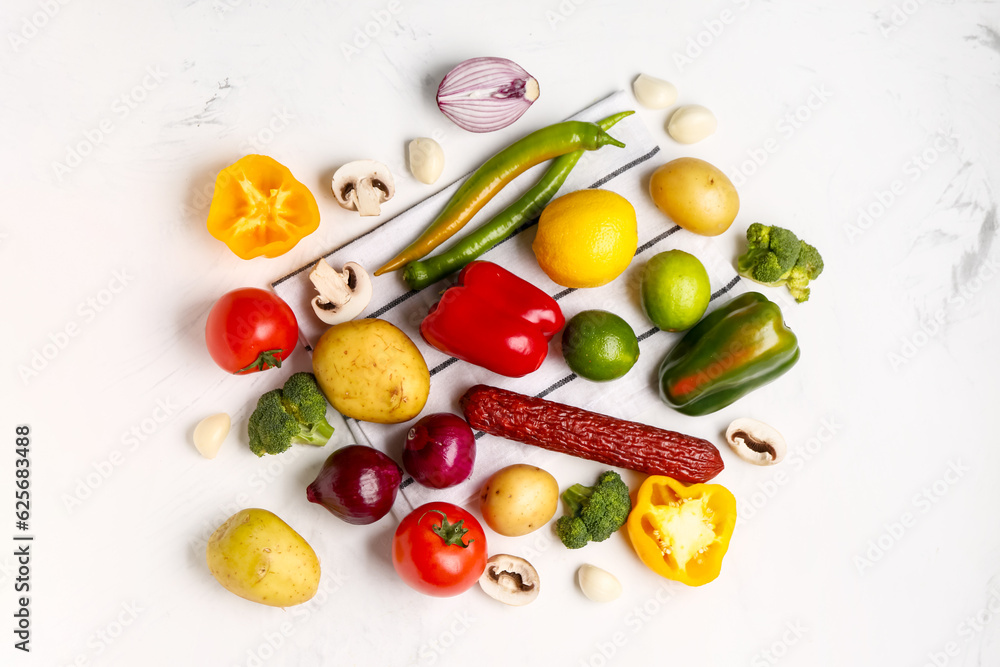 Different healthy products on grey background