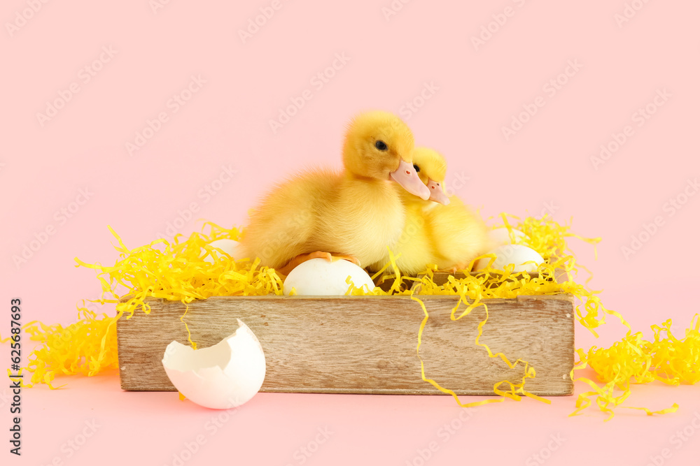 Wooden box with eggs and cute ducklings on pink background