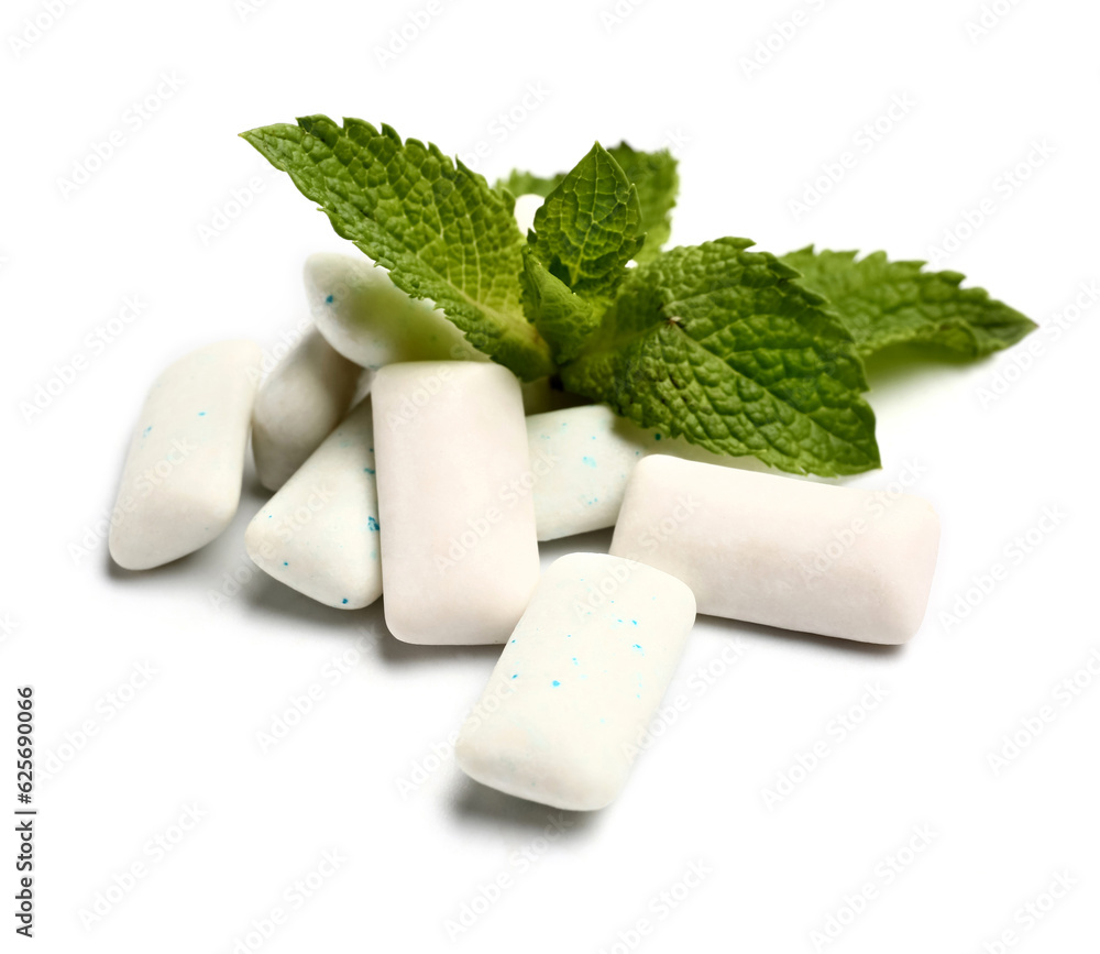 Heap of fresh chewing gums with mint on white background