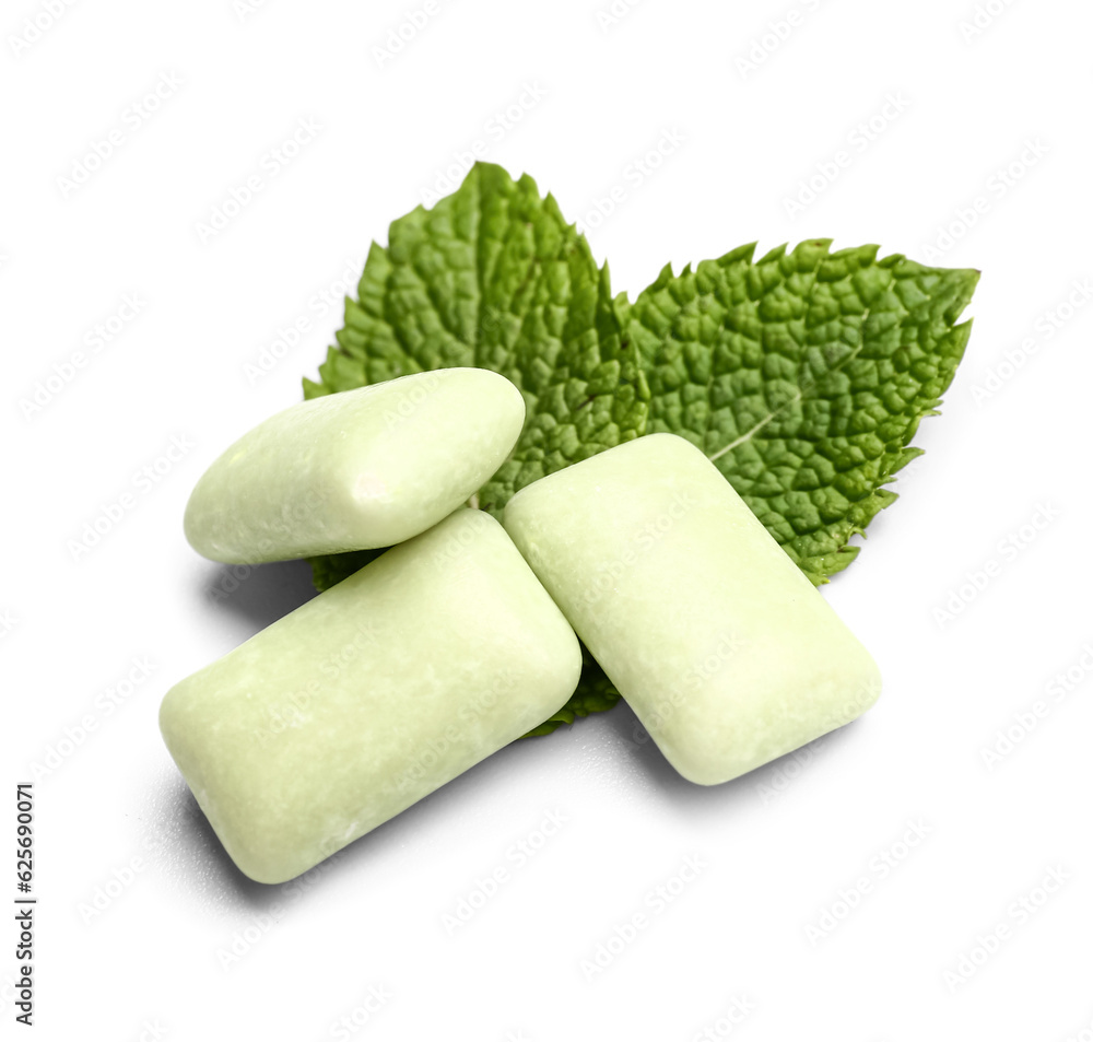 Fresh chewing gums with mint on white background