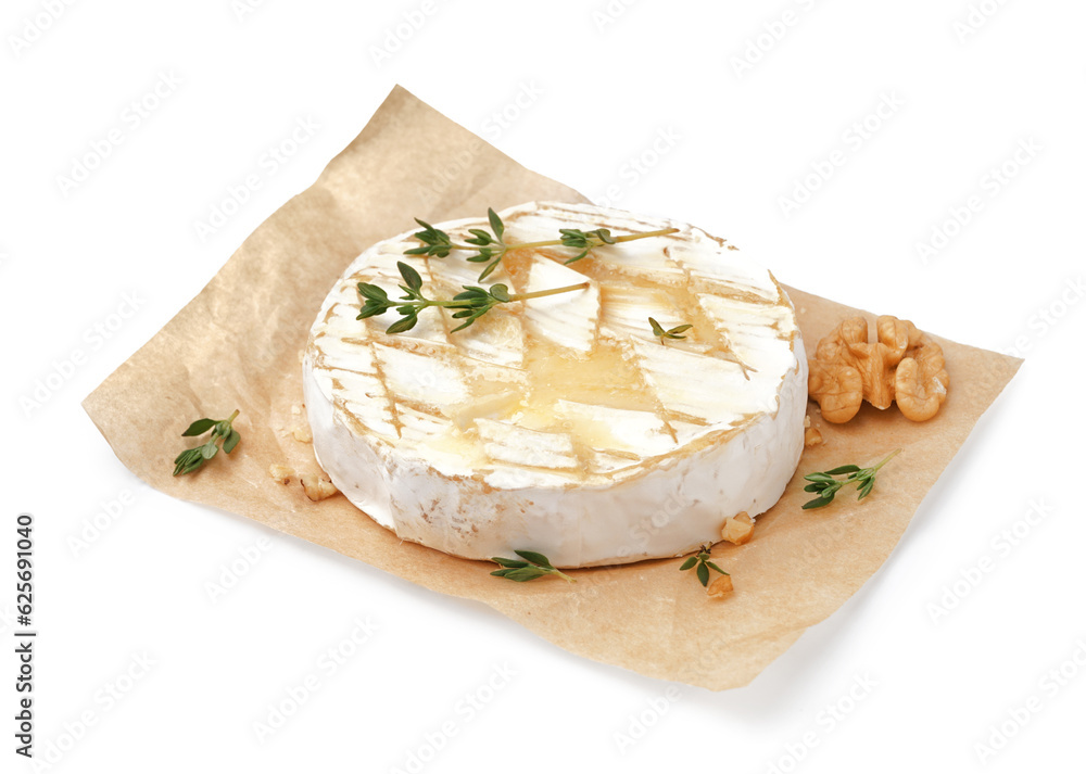 Tasty baked Camembert cheese on white background