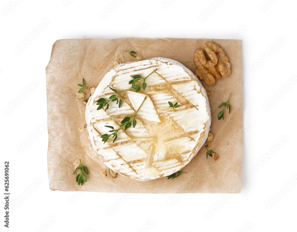 Tasty baked Camembert cheese on white background