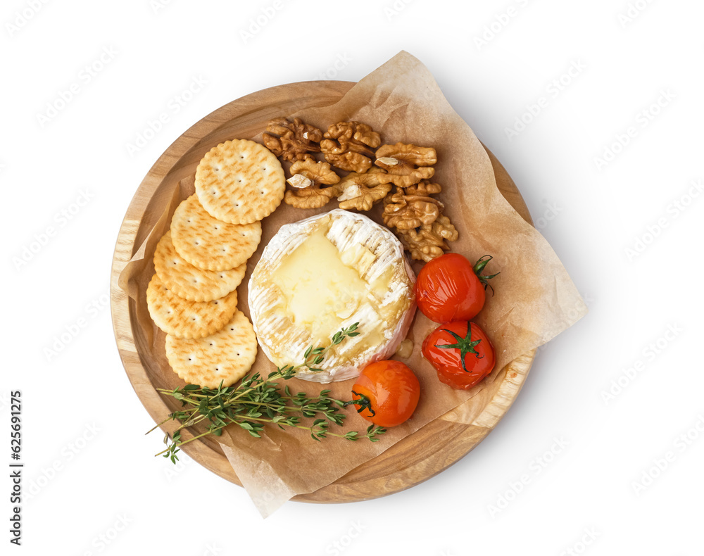 Plate of tasty baked Camembert cheese on white background